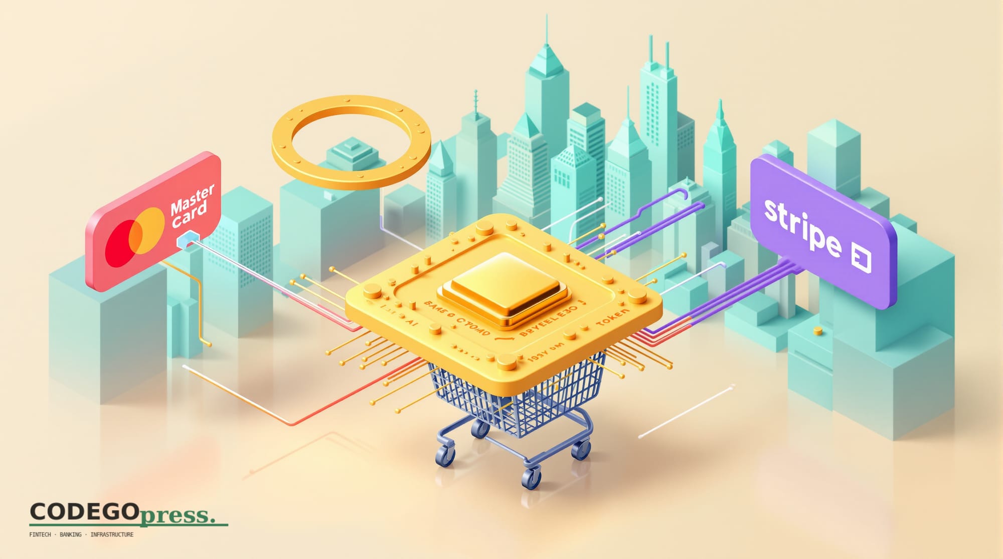 Large golden AI chip on a shopping cart in centre, with Mastercard's distinctive red-orange circle rings forming a payment to