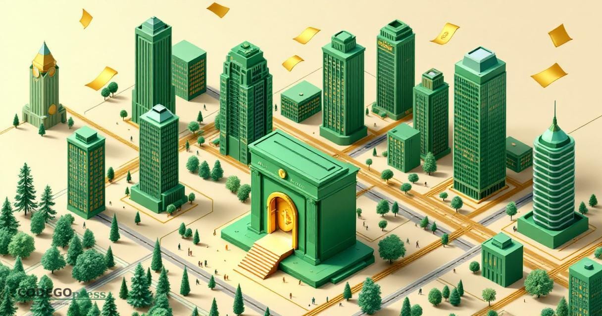 Isometric cityscape of Denver skyline in banking green with stylized Anchorage Digital building silhouette, cryptocurrency va