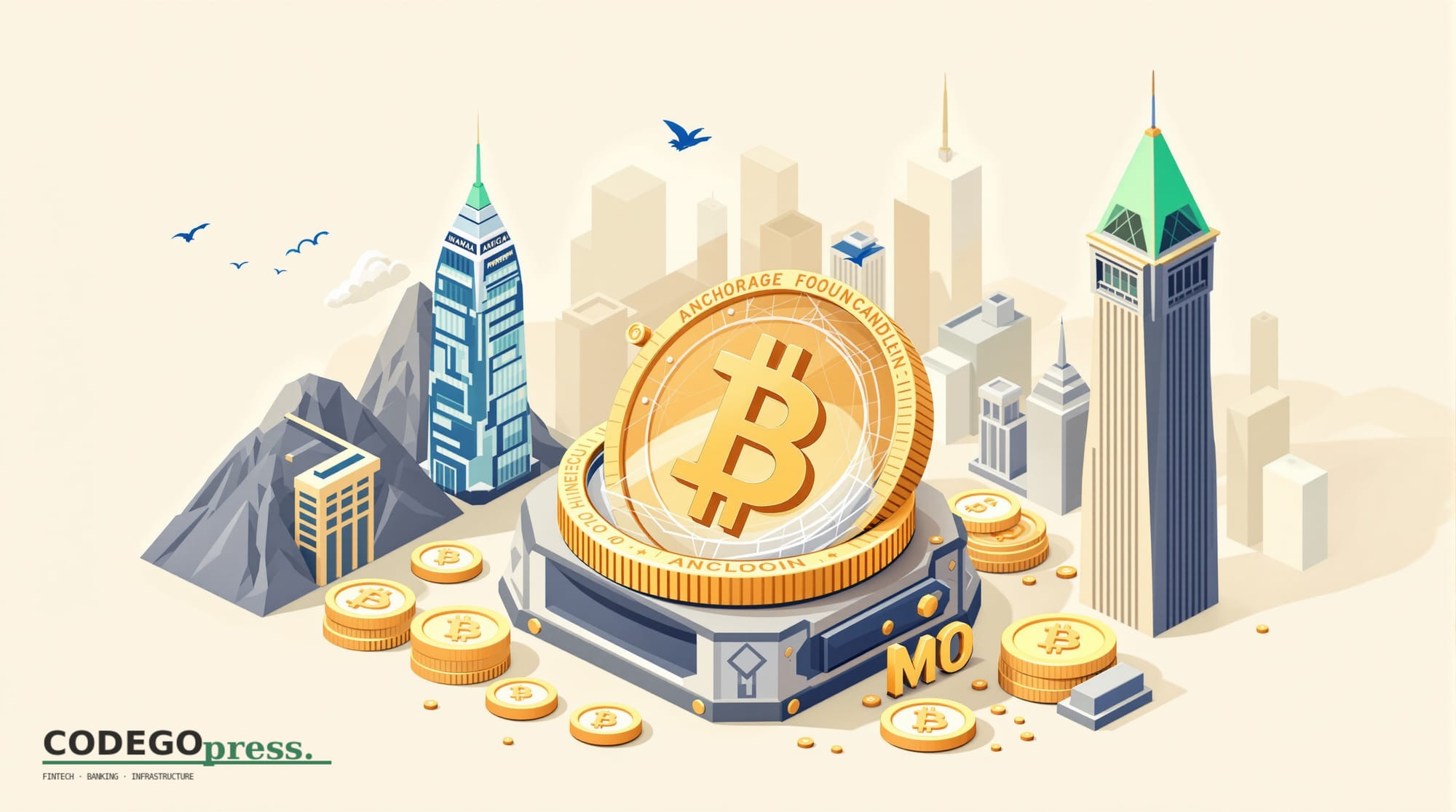 Large golden stablecoin token in centre with regulated bank-vault overlay, Anchorage mountain-and-vault headquarters silhouet