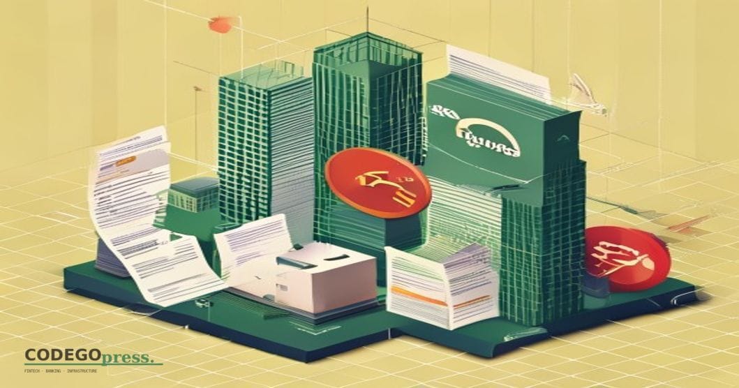 Isometric scene of a corporate office tower in banking green silhouette (generic modern skyline), with overlapping invoice do