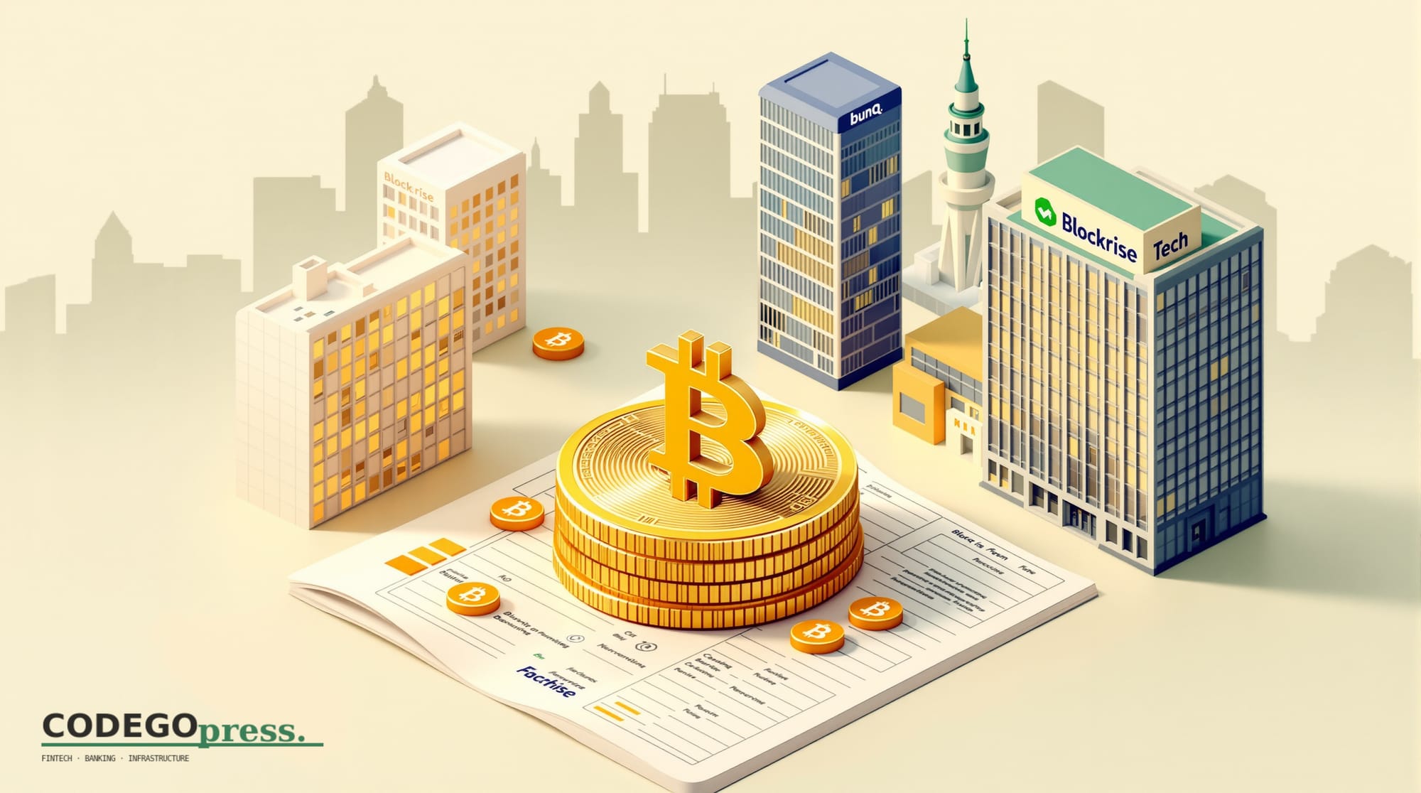 Golden Bitcoin block in centre sitting on a banking ledger, bunq's minimalist Amsterdam headquarters silhouette on the left w