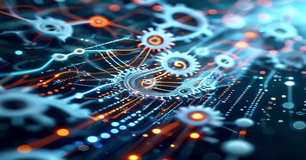 Abstract illustration of interconnected digital nodes transitioning from mechanical gears to flowing data streams, representi