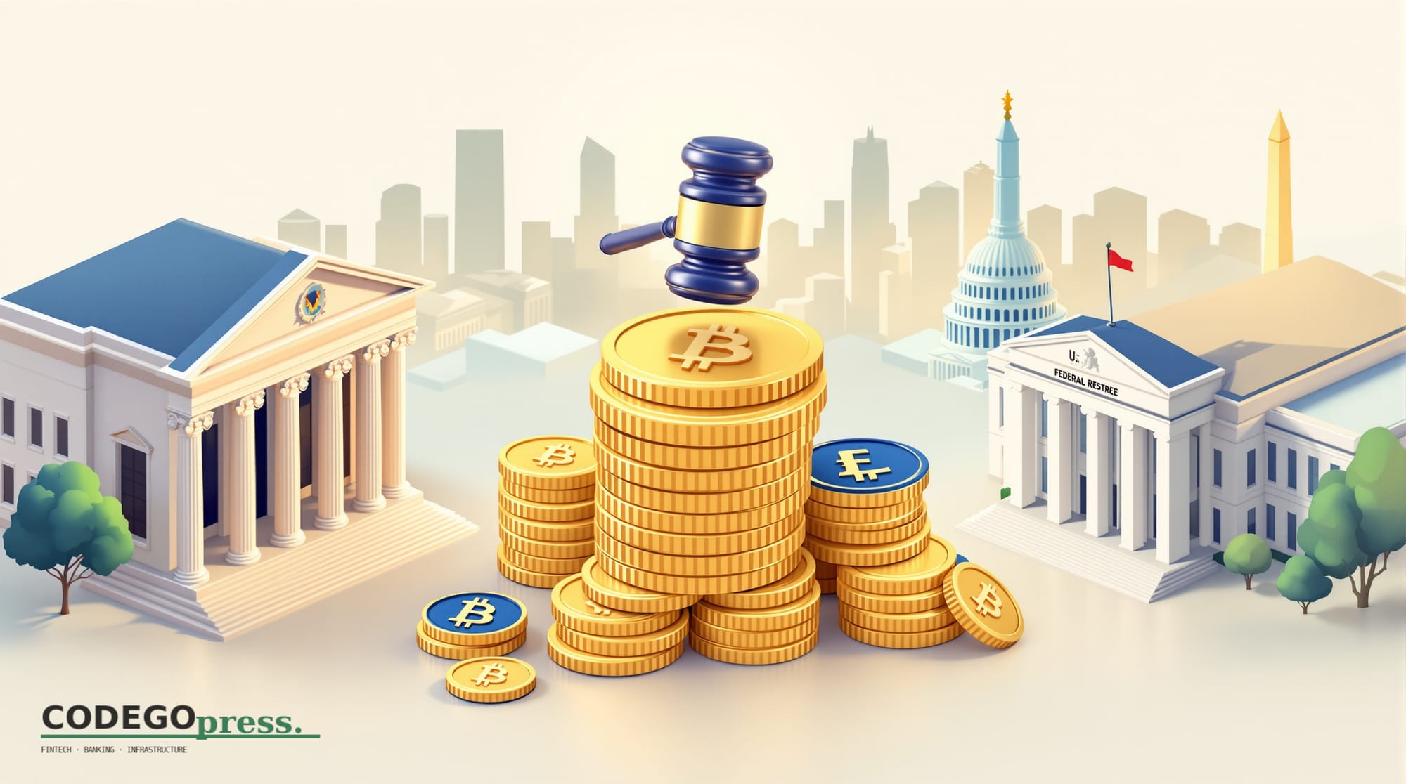 Large stacked cryptocurrency coins in navy and gold tones in centre, crowned with a regulatory gavel, US Department of Justic