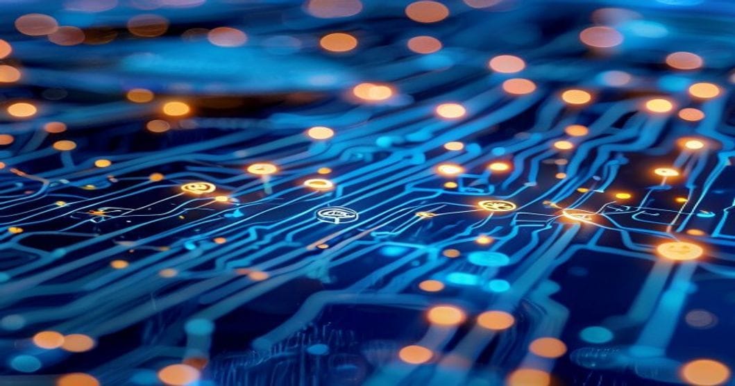 Close-up of interconnected payment network nodes, digital currency symbols flowing across blue-lit circuit pathways, modern f