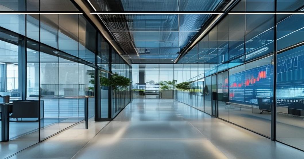 Modern banking office with data visualization screens showing downward credit metrics, euro symbols, architectural glass surf