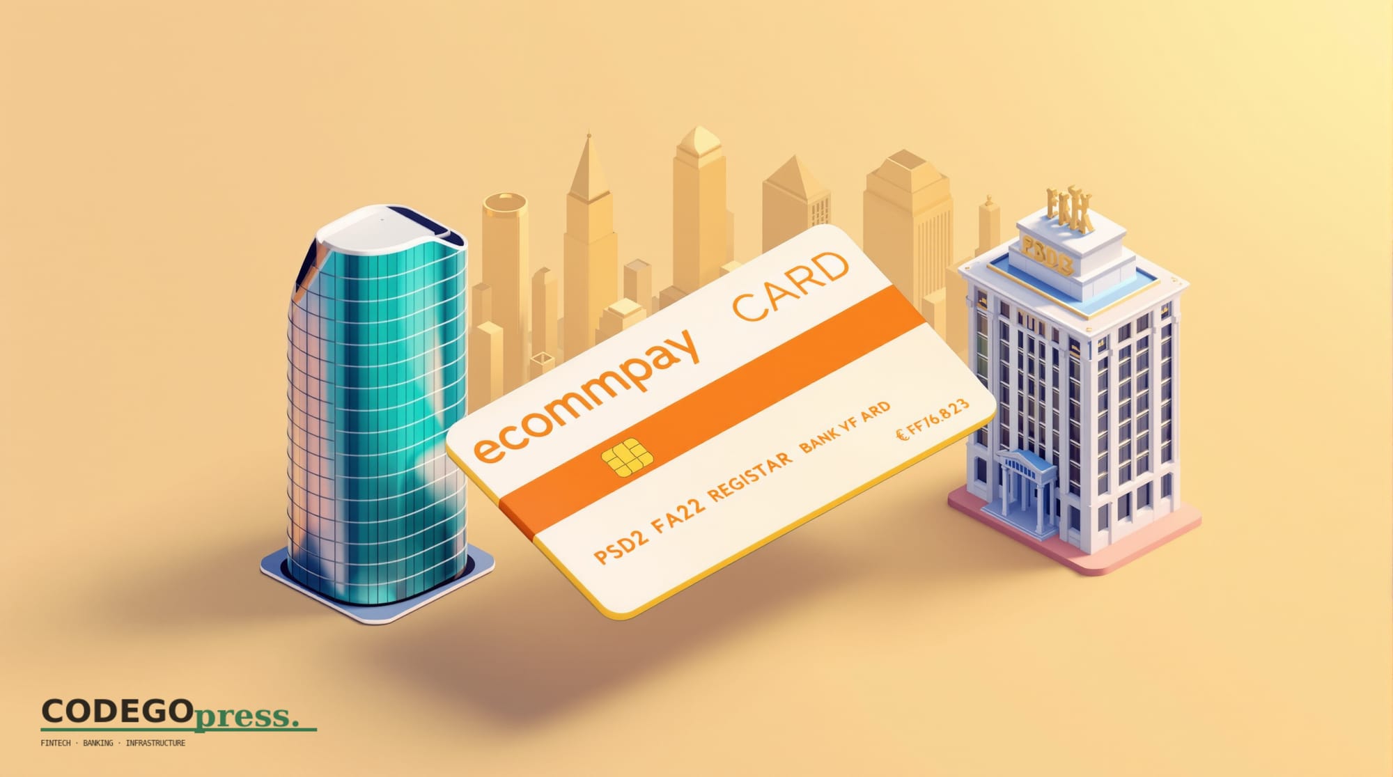 Large embossed payment card with security-stripe detail in centre, card's hologram reflecting amber warning light, Ecommpay h