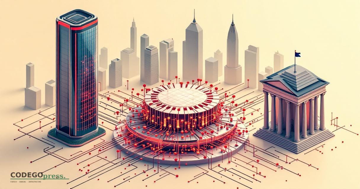 Large neural-network node cluster rendered in Huawei red and silver in centre, Huawei Shenzhen HQ with curved glass tower sil