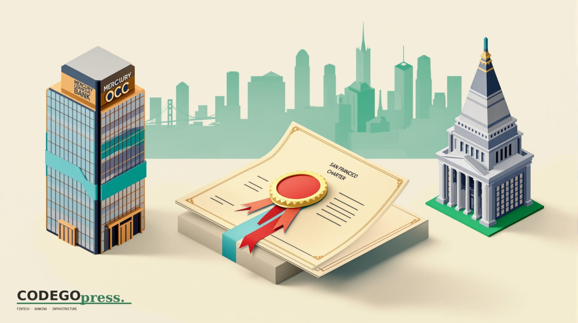 Large golden banking charter certificate with red seal in centre, Mercury Bank stylised San Francisco glass tower on the left