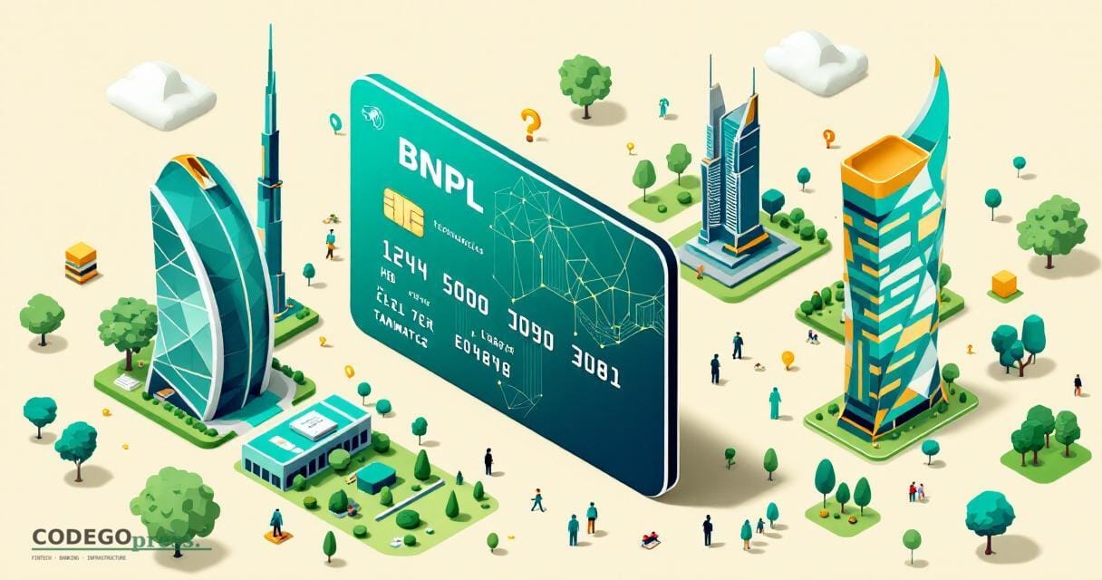 Large embossed credit card with BNPL accent colour (teal/navy blend) in centre, Lean Technologies geometric data-flow HQ silh