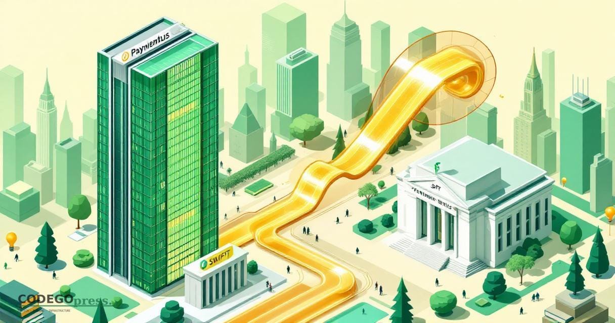 A large golden data stream flowing through a transparent SWIFT-style messaging pipe in centre, Paymentus sleek corporate towe