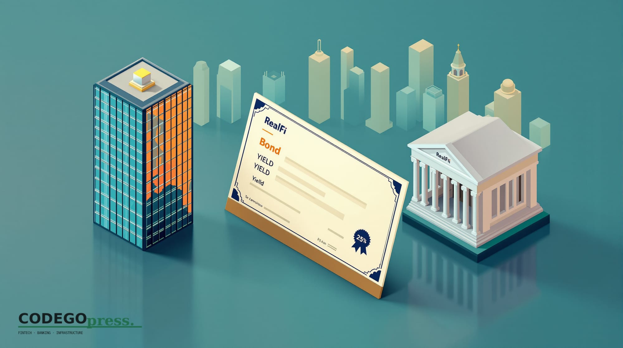 A cream-coloured bond certificate with yield notation in the foreground, rendered as an isometric token with navy and gold ac