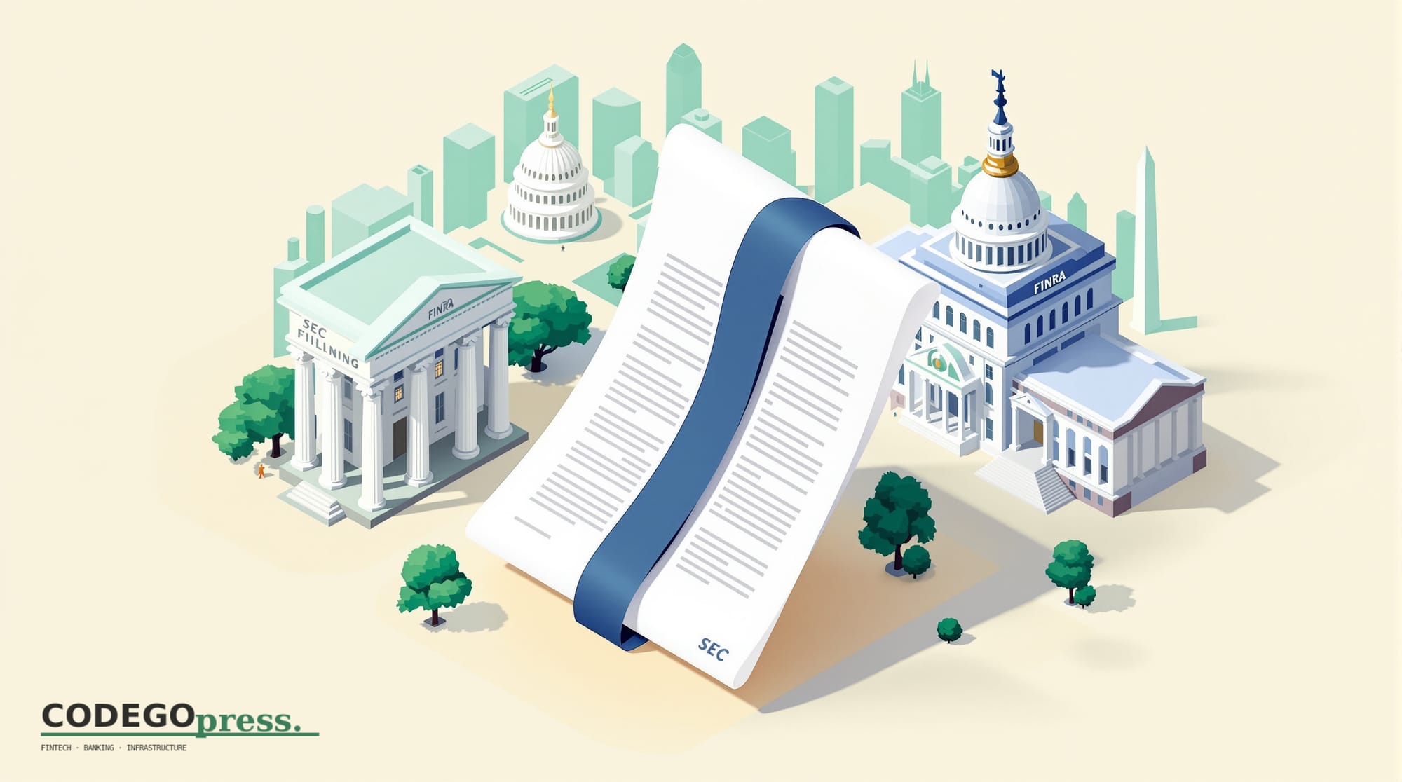Large SEC filing document with navy ribbon in centre, SEC marble-pillar headquarters on the left, FINRA classical finance-reg