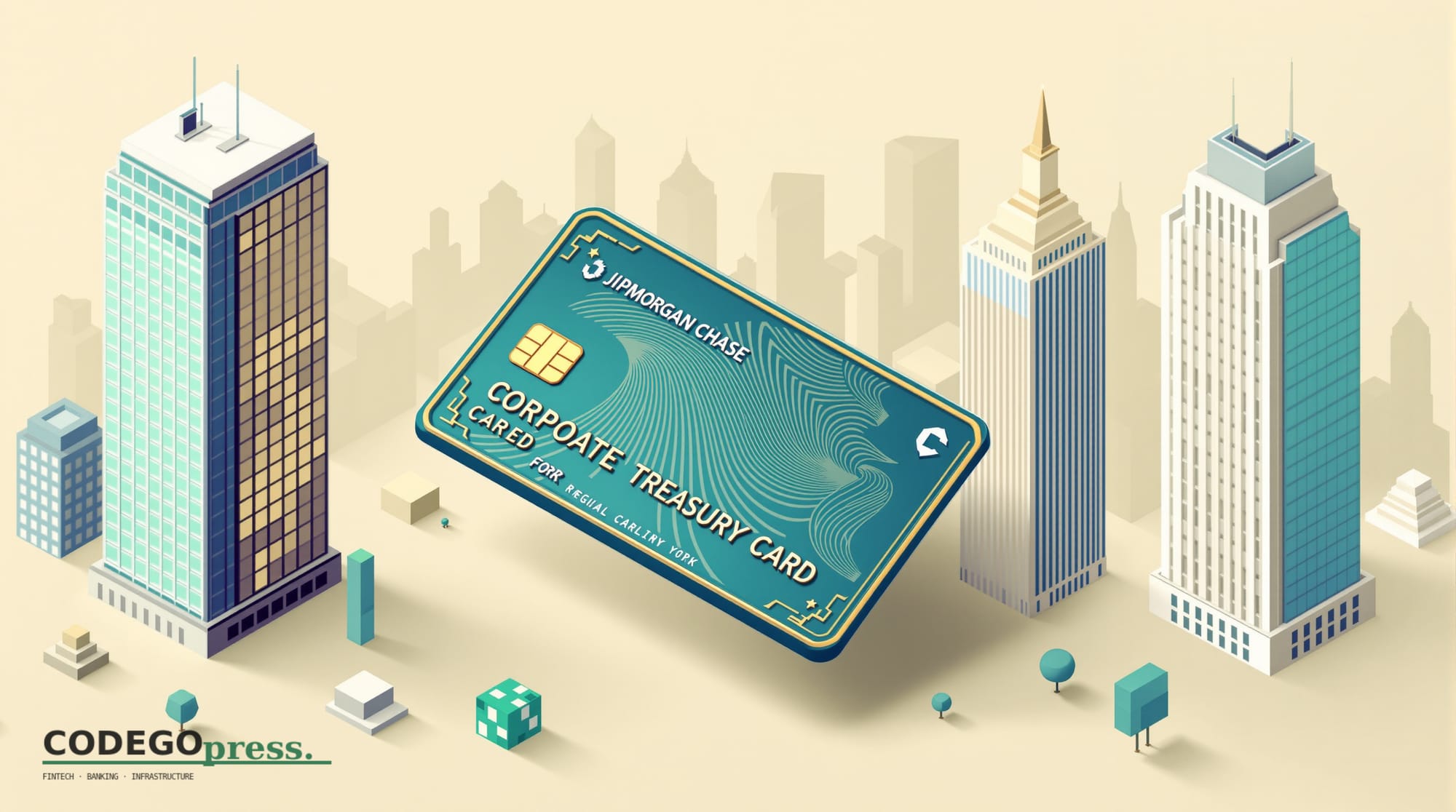 Large embossed corporate treasury card with navy and gold accents in centre, stylised regional bank glass-and-steel tower on 