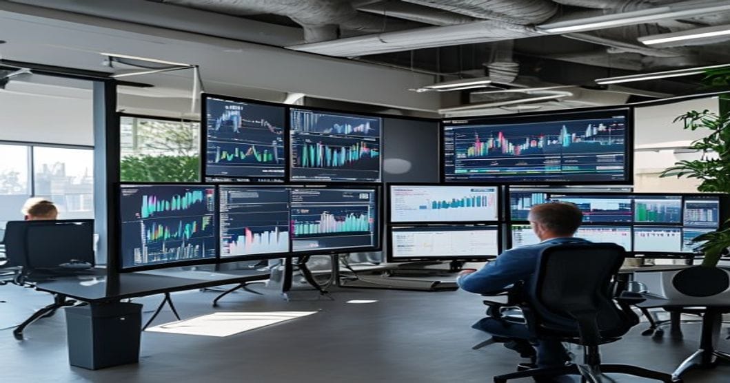 Modern fintech office workspace with multiple screens displaying financial dashboards and trading data, neutral color palette
