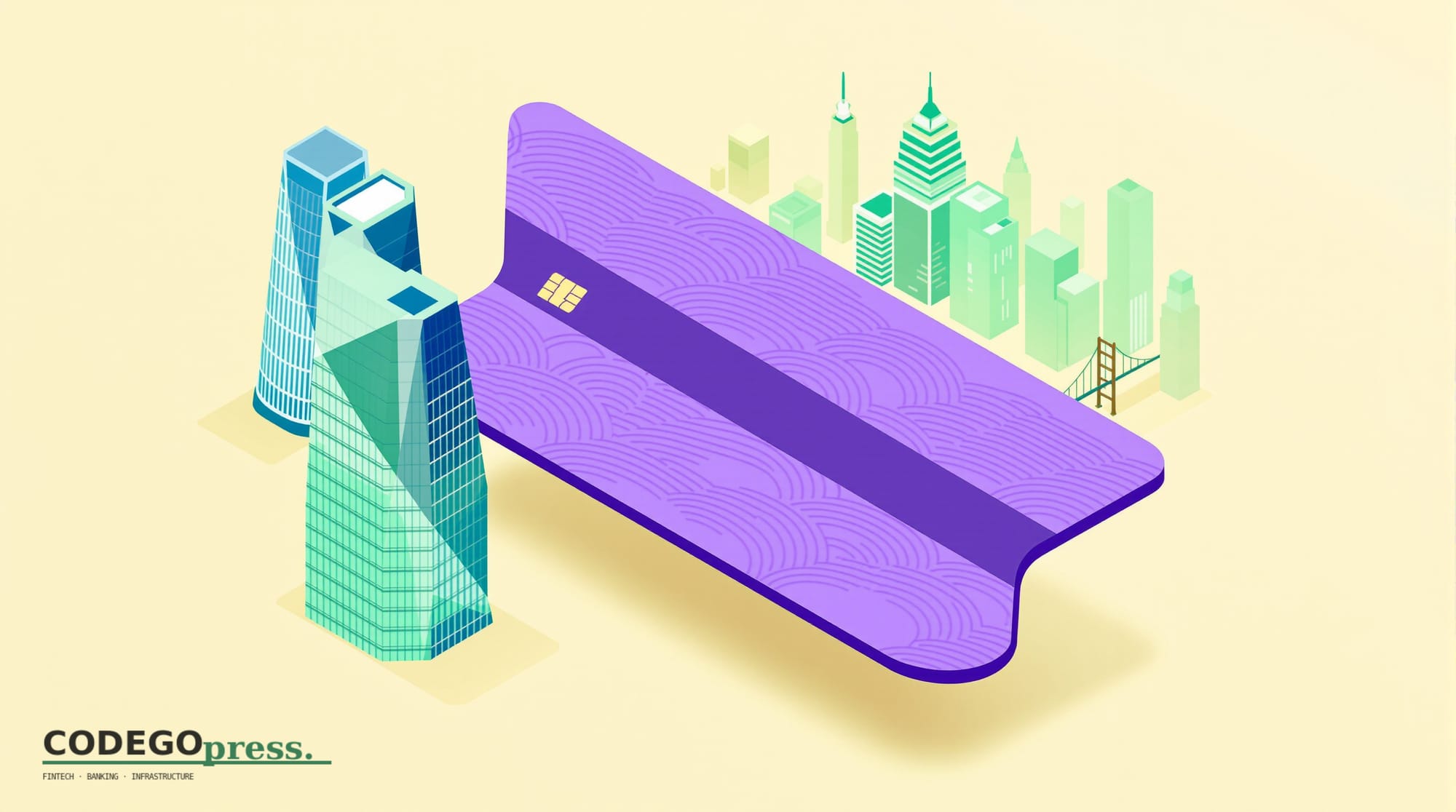 Large embossed payment card with Stripe purple accent stripe in centre, Stripe San Francisco curved-glass HQ on the left, car