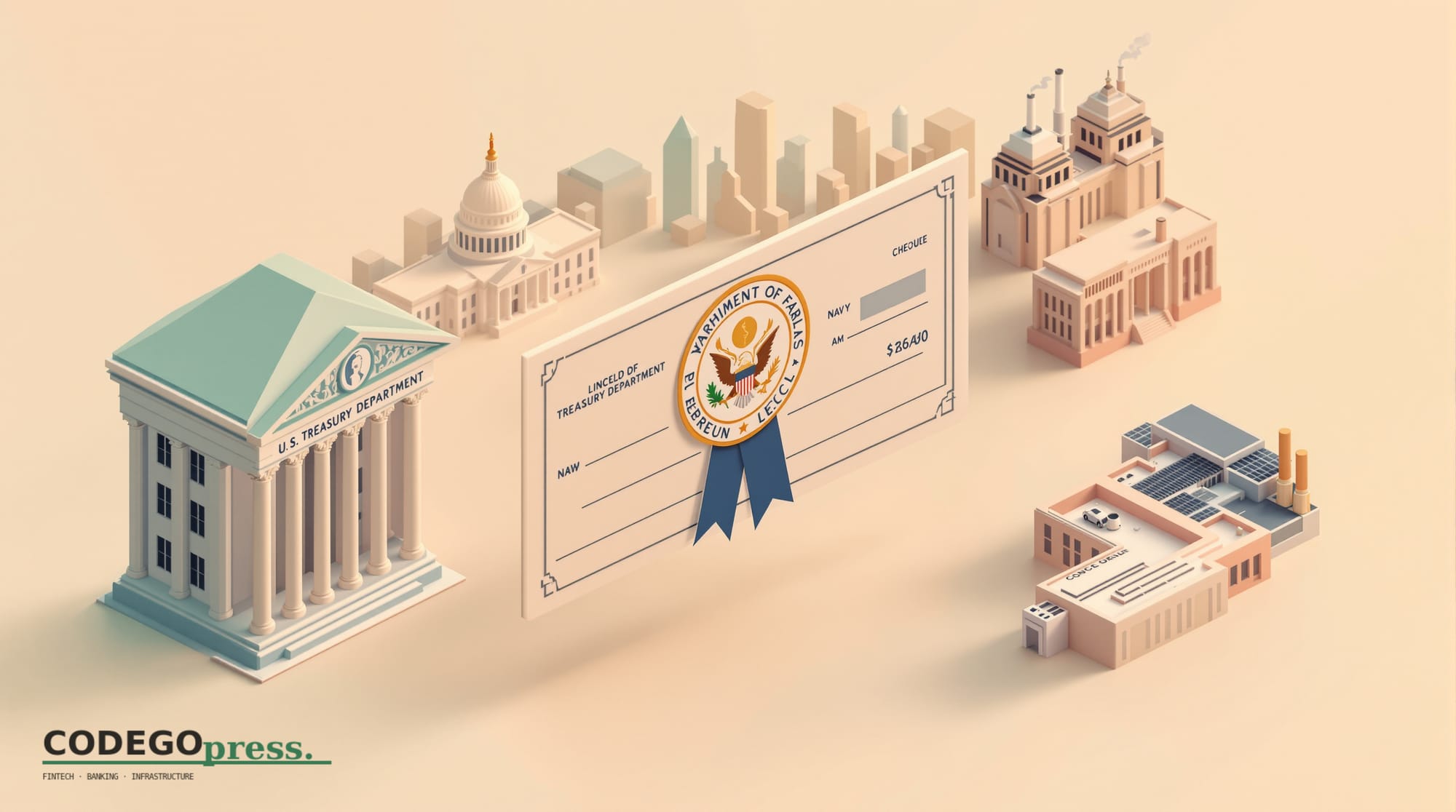 Large embossed government cheque with U.S. Treasury seal and navy ribbon in centre, Treasury Department neoclassical marble-p