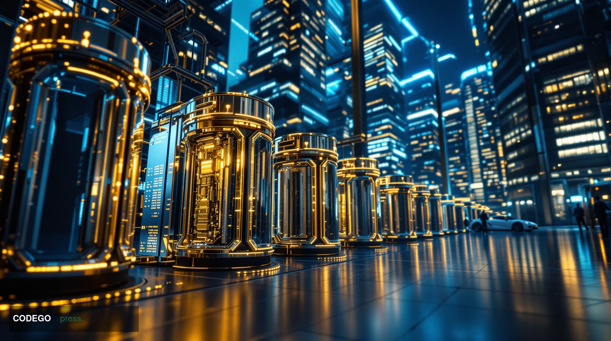 A cinematic editorial photograph showcasing the intersection of quantum computing and Bitcoin infrastructure. The scene shows