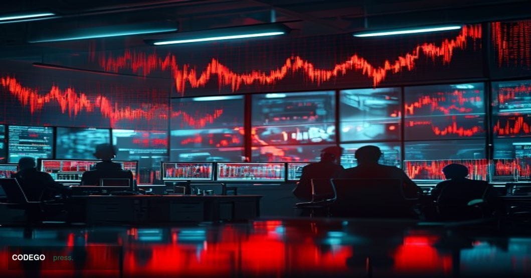 A dramatic photorealistic editorial photograph capturing the intensity of cryptocurrency market liquidations. The scene shows