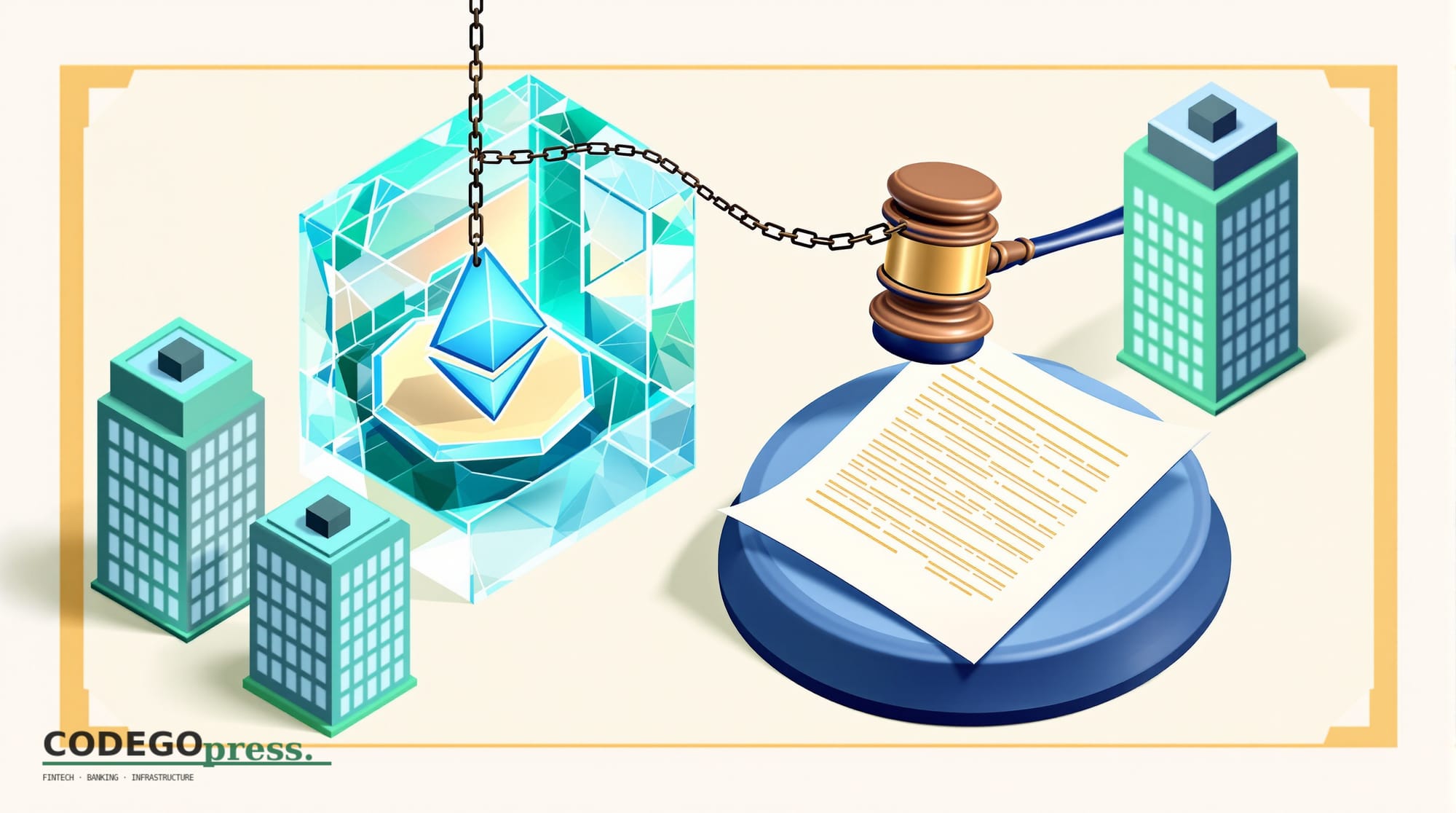 Flat 3D isometric vector editorial illustration showing a split scene: on the left, a glowing Ethereum token (hexagonal, mid-