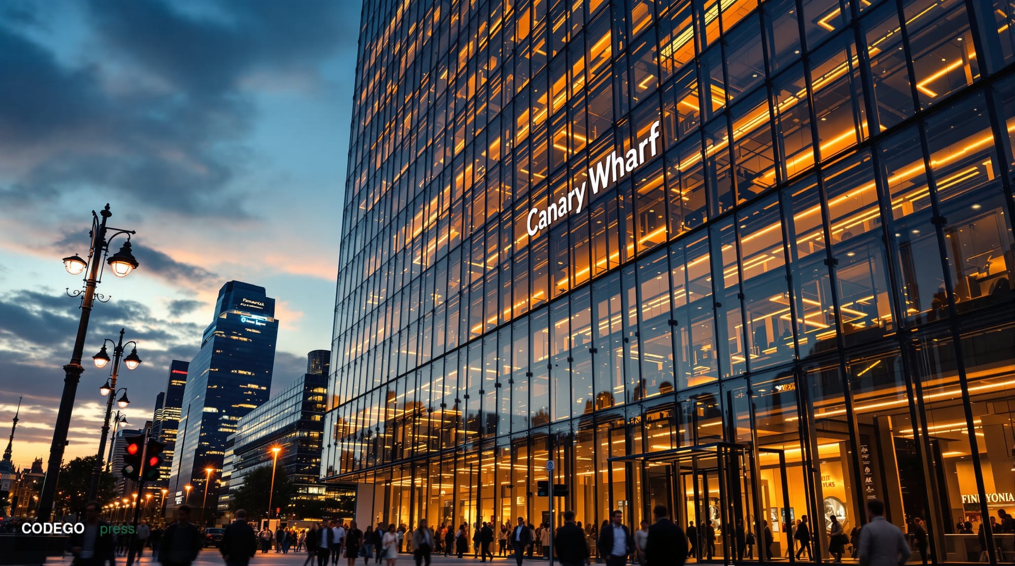 A photorealistic editorial photograph showing the imposing glass and steel facade of the Financial Conduct Authority headquar