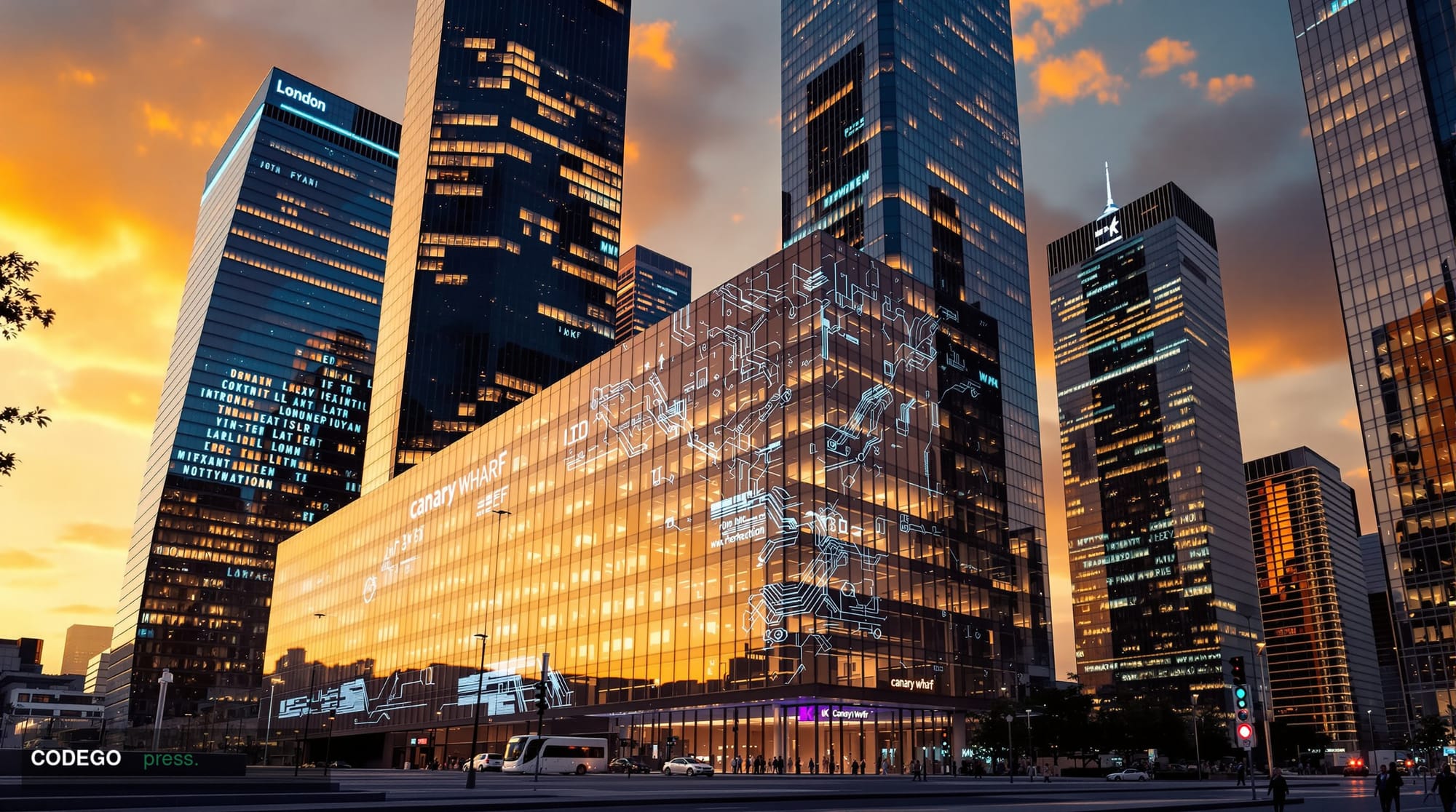 A photorealistic editorial photograph showing the iconic glass towers of London's Canary Wharf financial district at golden h