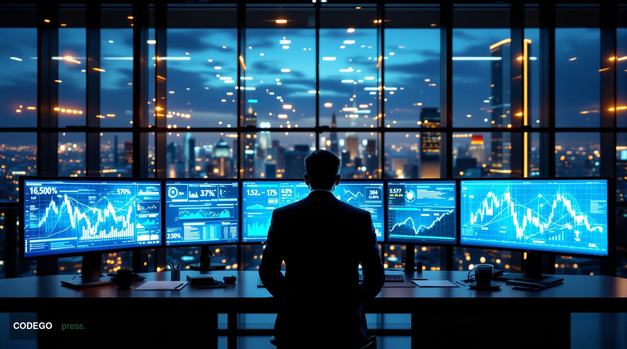 A cinematic editorial photograph showing a modern glass-walled DeFi trading floor or financial technology center with multipl