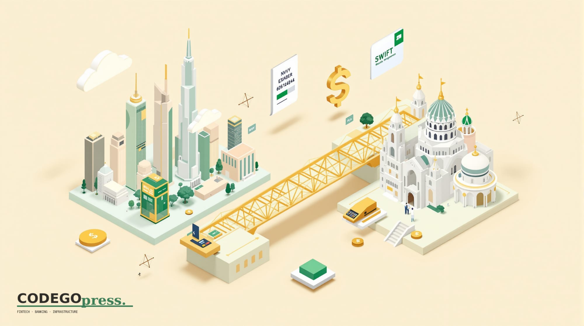 Flat 3D isometric vector editorial illustration showing a stylized banking nexus. Central element: two interconnected financi
