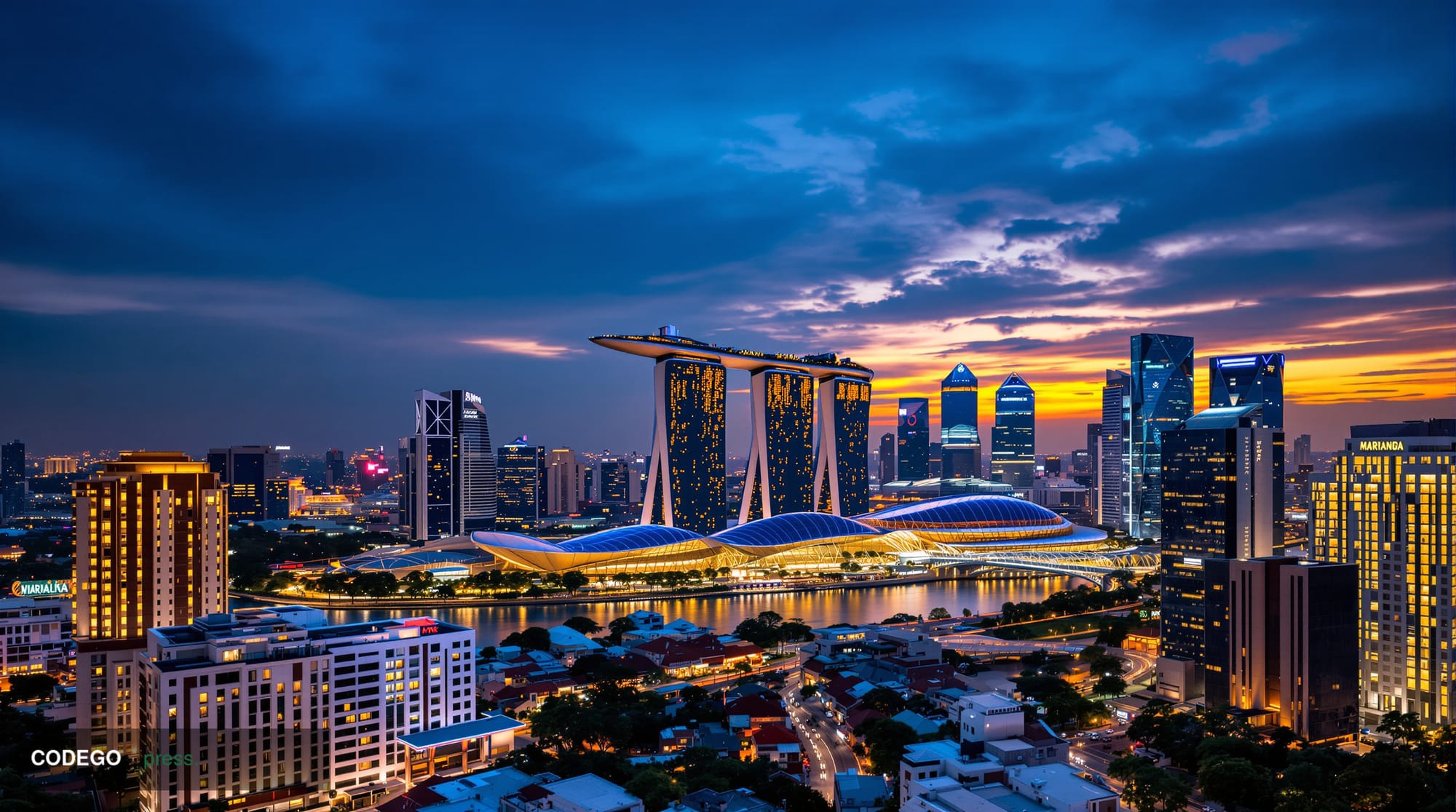 A cinematic editorial photograph showcasing Singapore's iconic Marina Bay financial district at golden hour, with the distinc