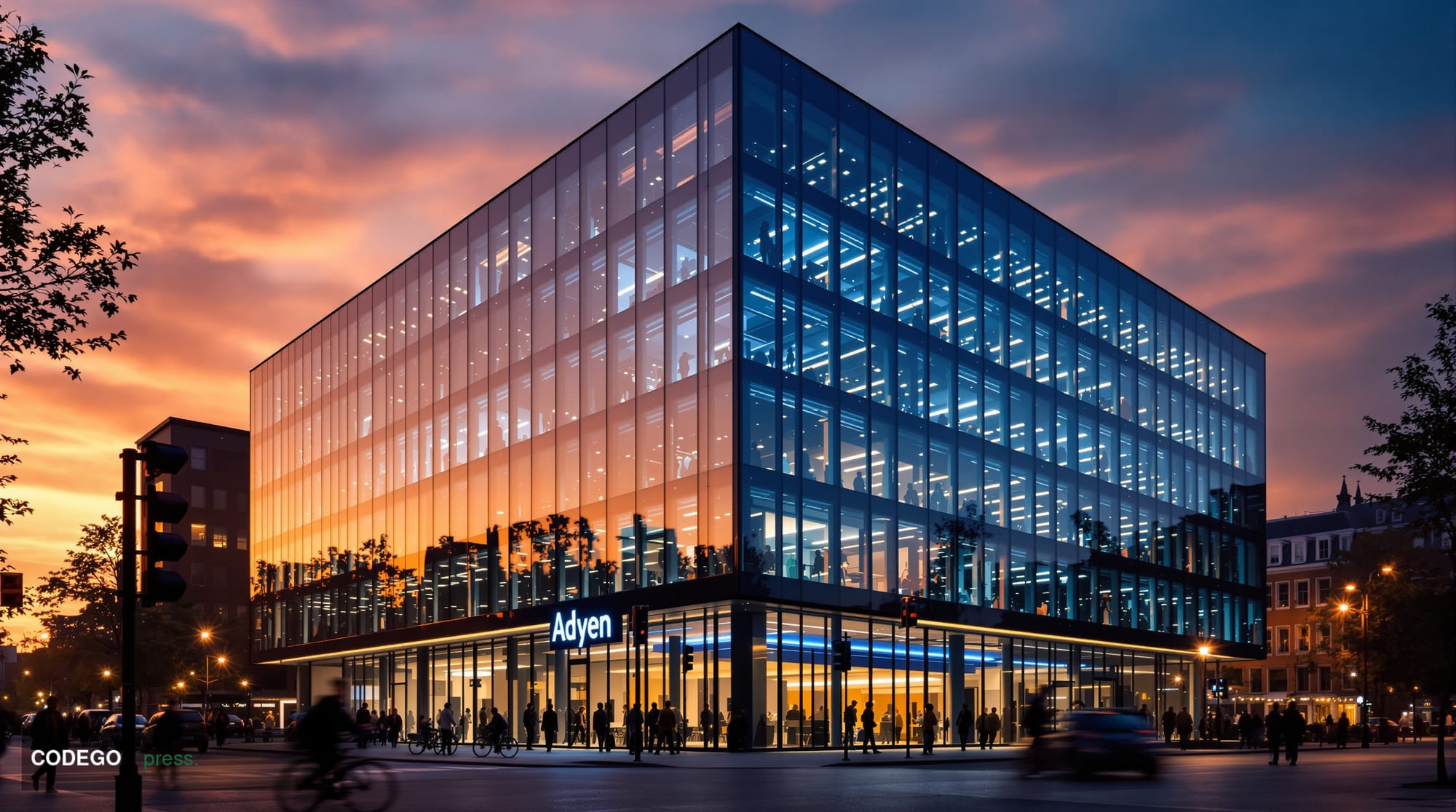 A cinematic editorial photograph of Adyen's distinctive Amsterdam headquarters building at sunset, shot from a low angle to e