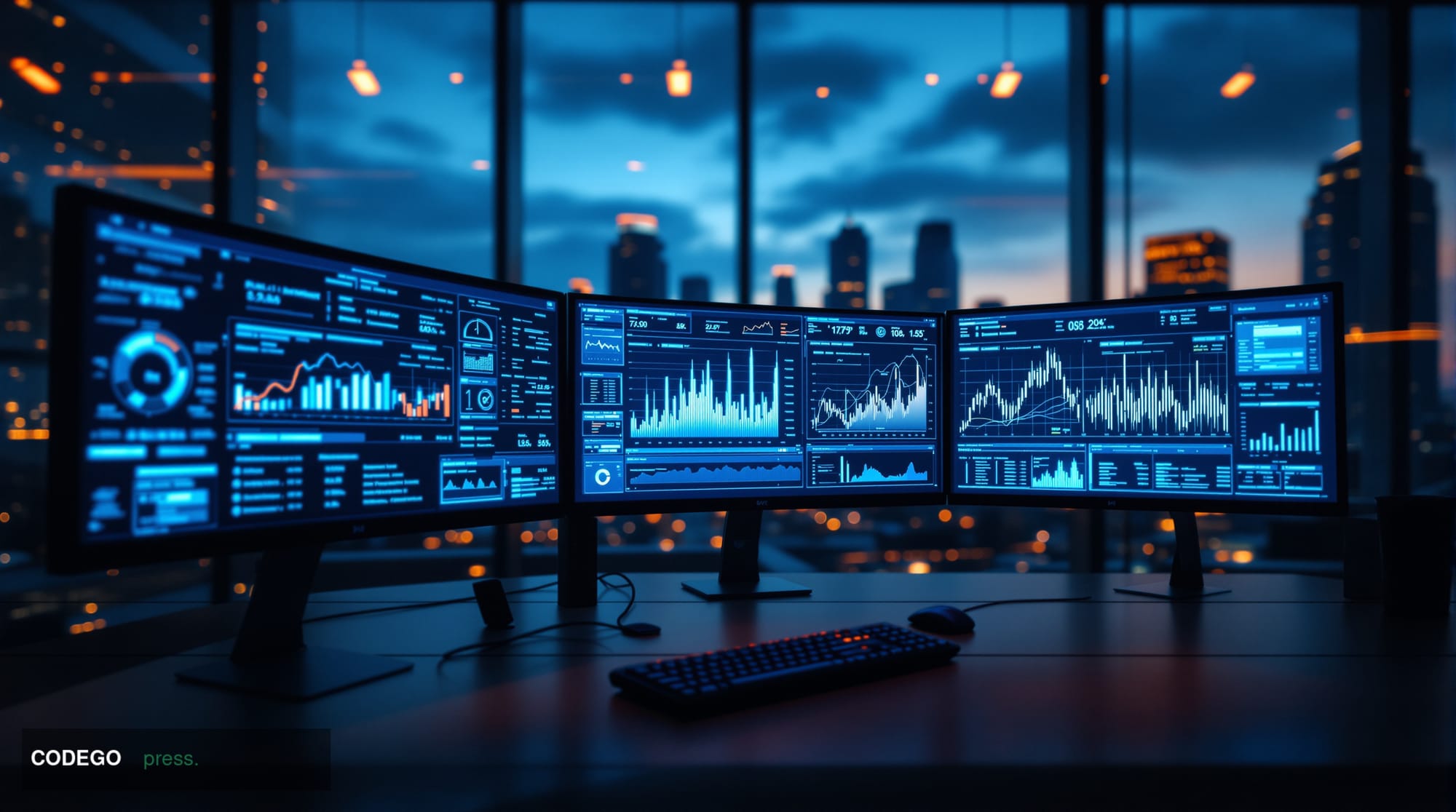 A cinematic editorial photograph of a modern cryptocurrency trading floor or DeFi development office, shot from a low angle l