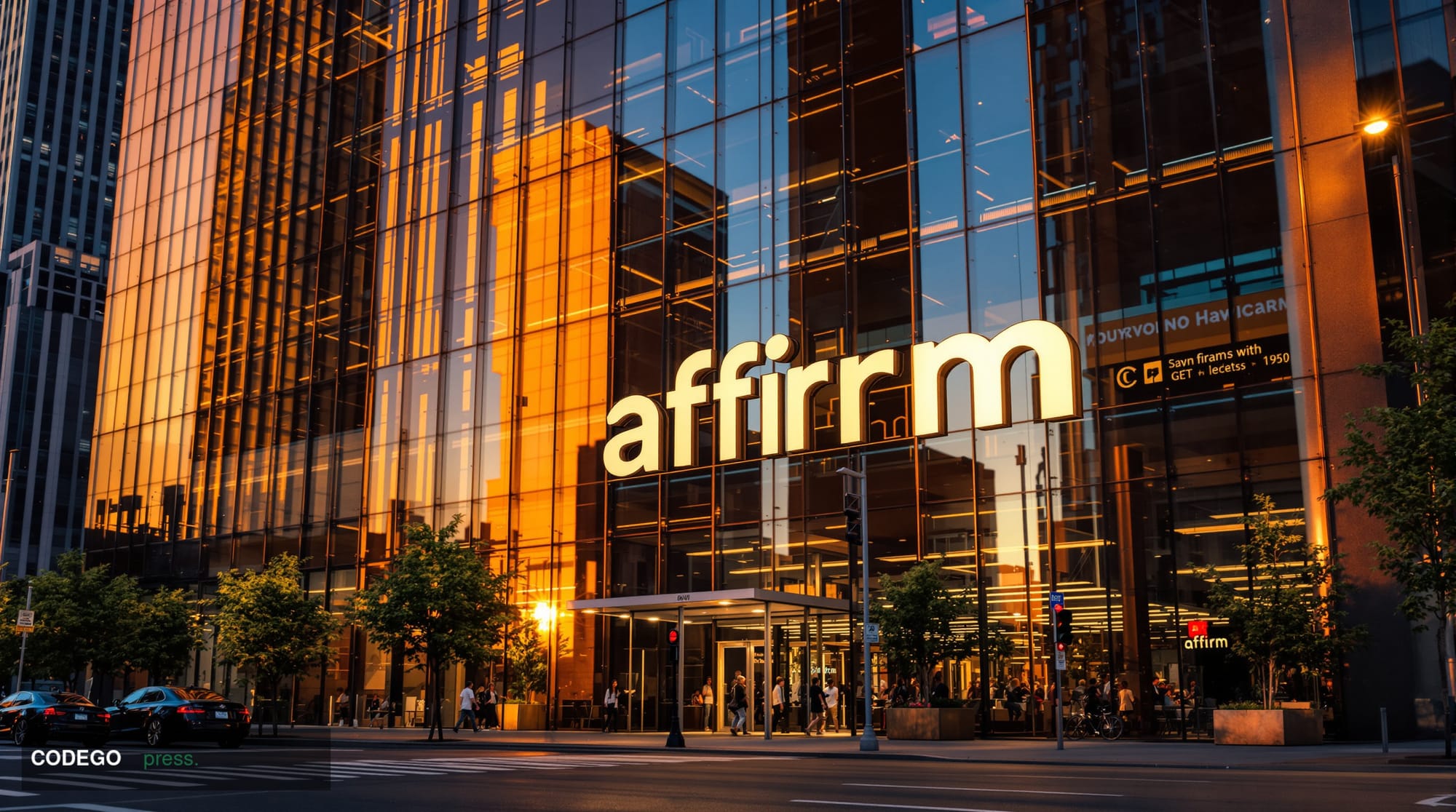 Photorealistic editorial photograph of Affirm's San Francisco headquarters building exterior during golden hour, with the com