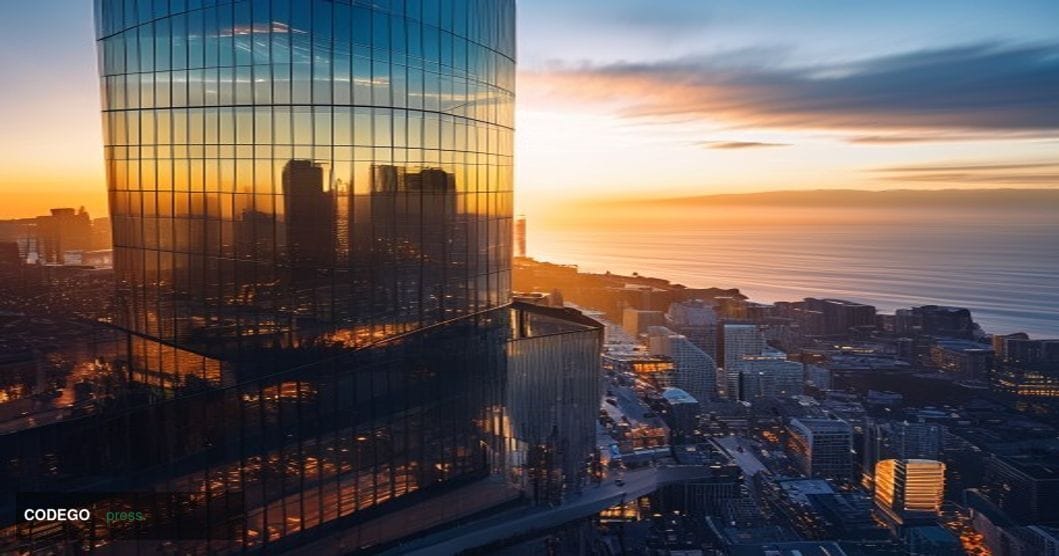 A dramatic aerial view of Affirm's San Francisco headquarters at 650 California Street, captured during golden hour with warm
