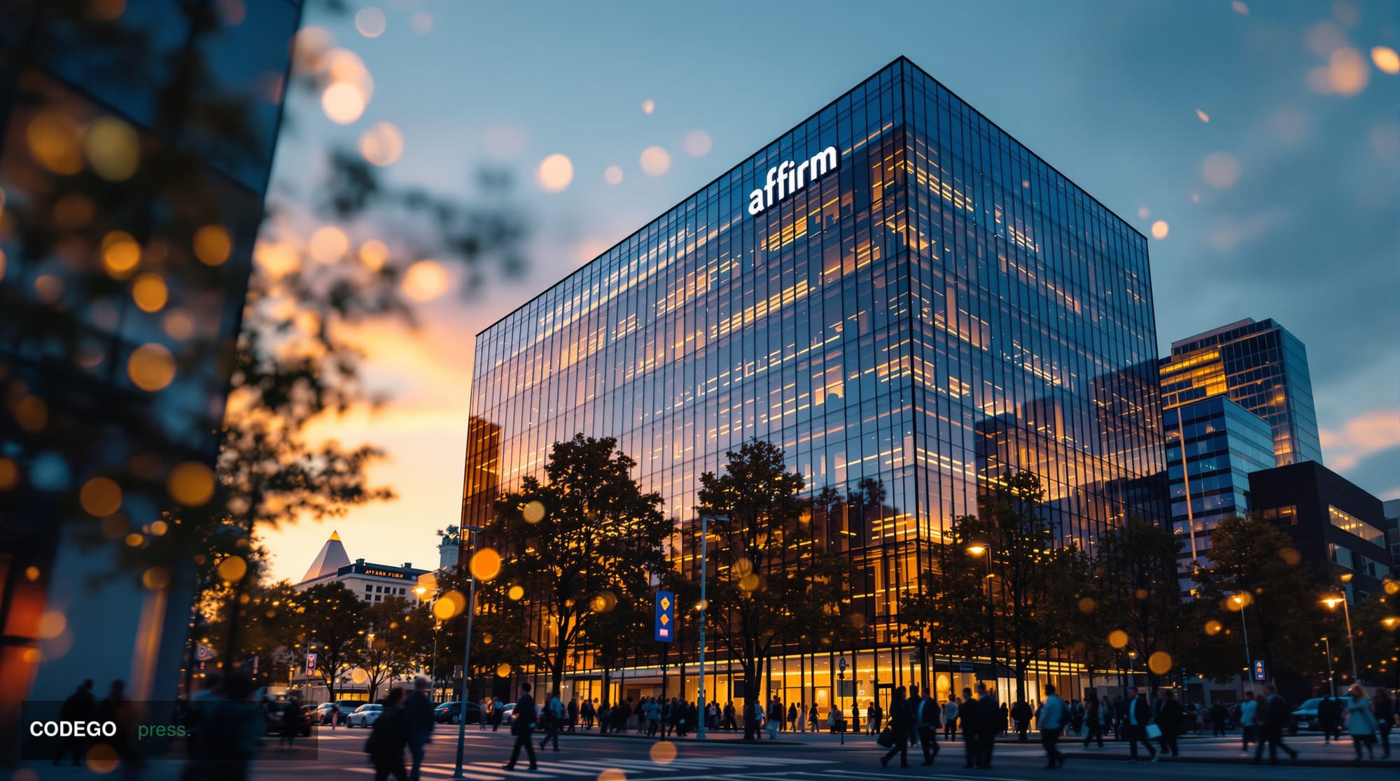 A photorealistic editorial photograph showcasing Affirm's San Francisco headquarters building at golden hour, shot from a low