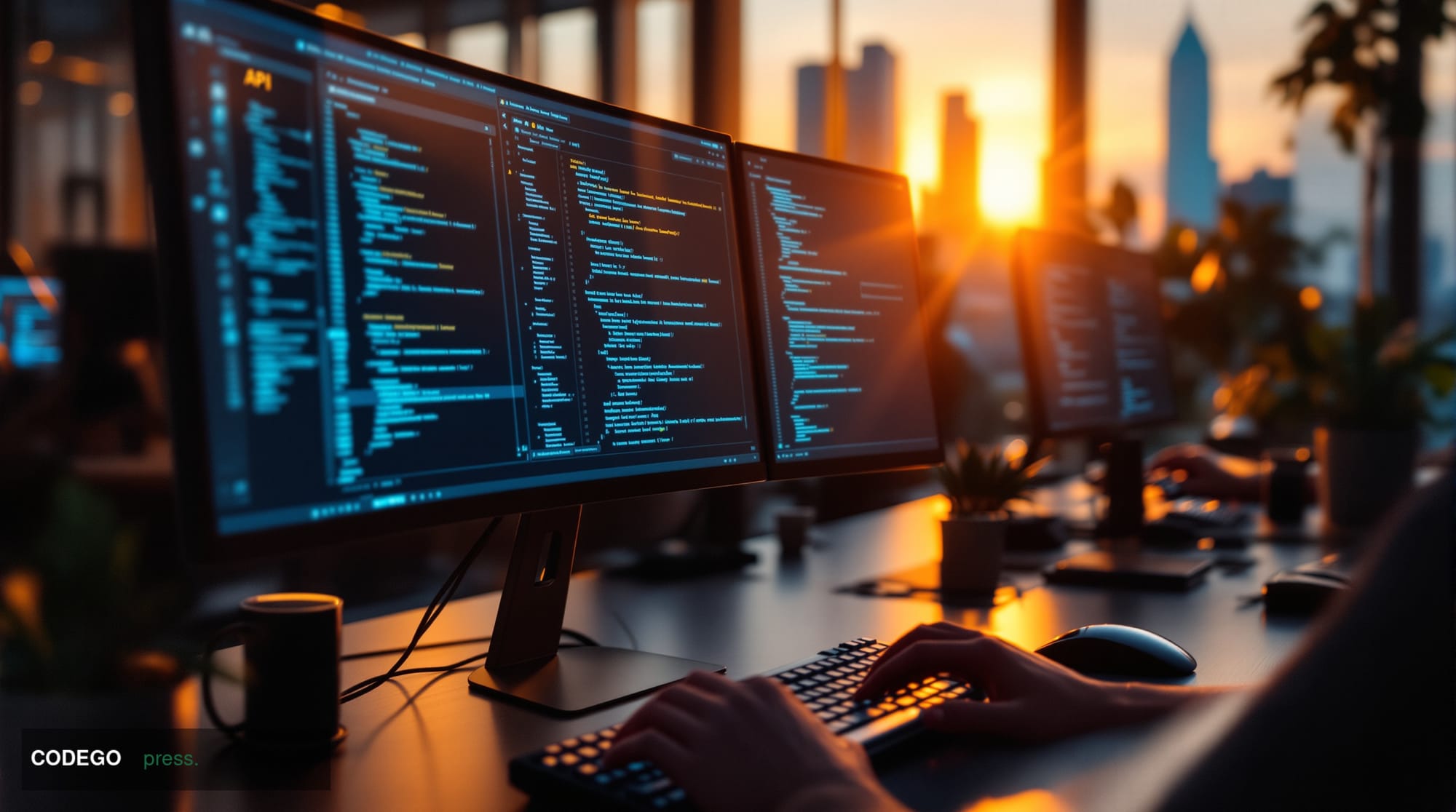 A photorealistic editorial photograph of a modern Singapore fintech office space at golden hour, shot with Canon EOS R5 and 8