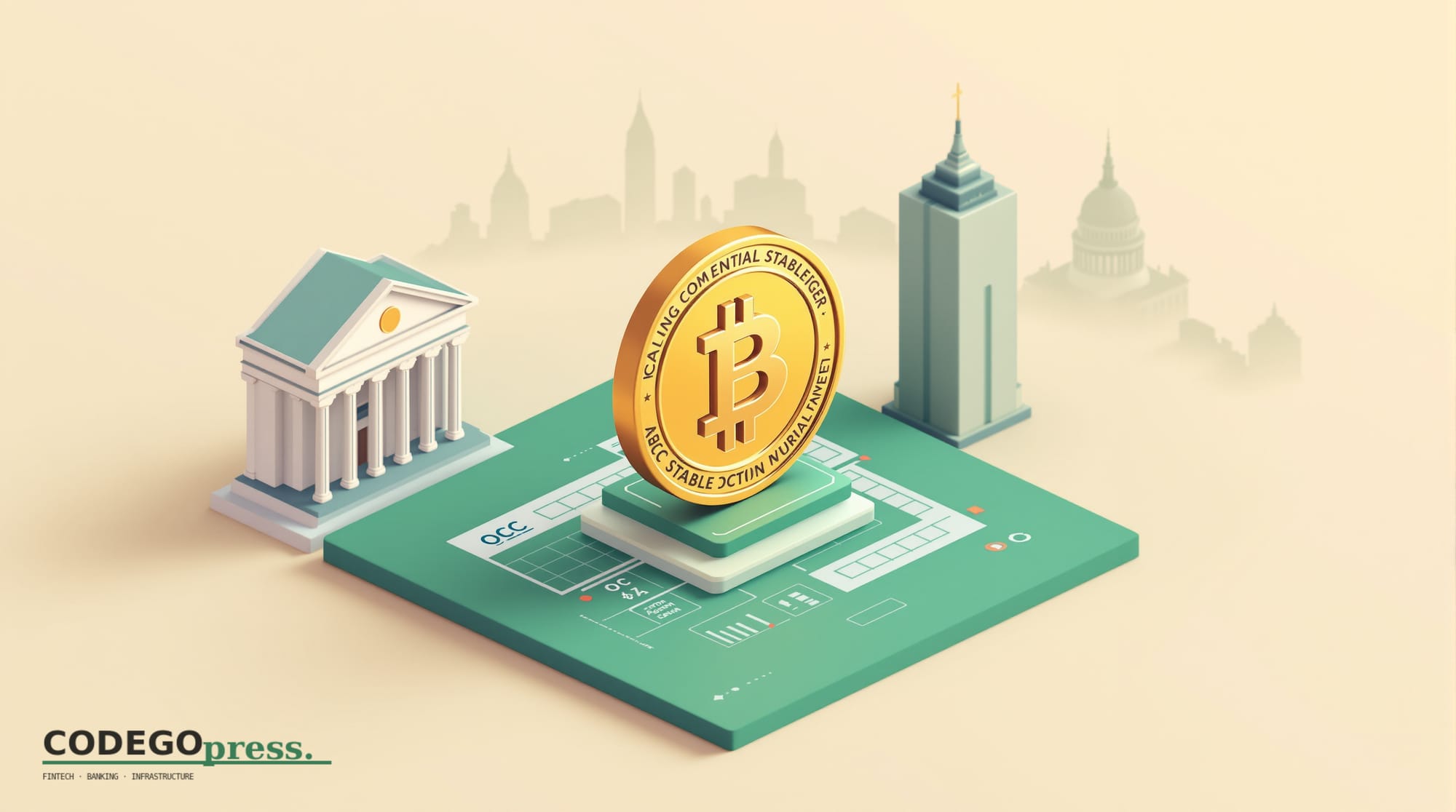 Golden stablecoin token in centre with banking-green ledger behind it, OCC neoclassical marble-pillar building on the left, A