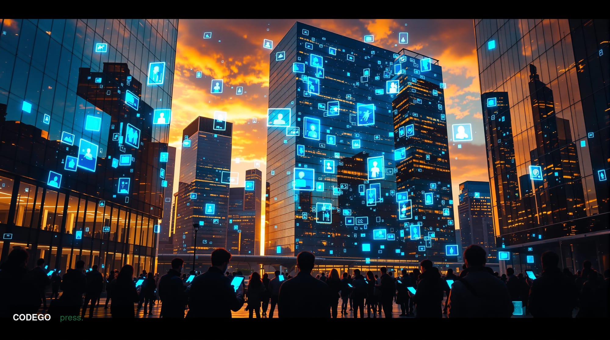 A cinematic editorial photograph capturing the moment of technological transformation in American daily life. The scene shows