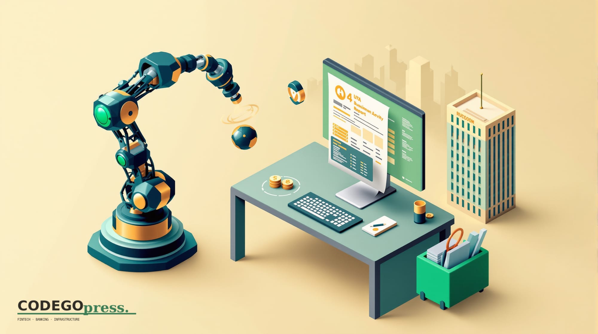 Flat 3D isometric vector editorial illustration. Banking-green primary (#1A6B43) with cream background, gold and navy accents