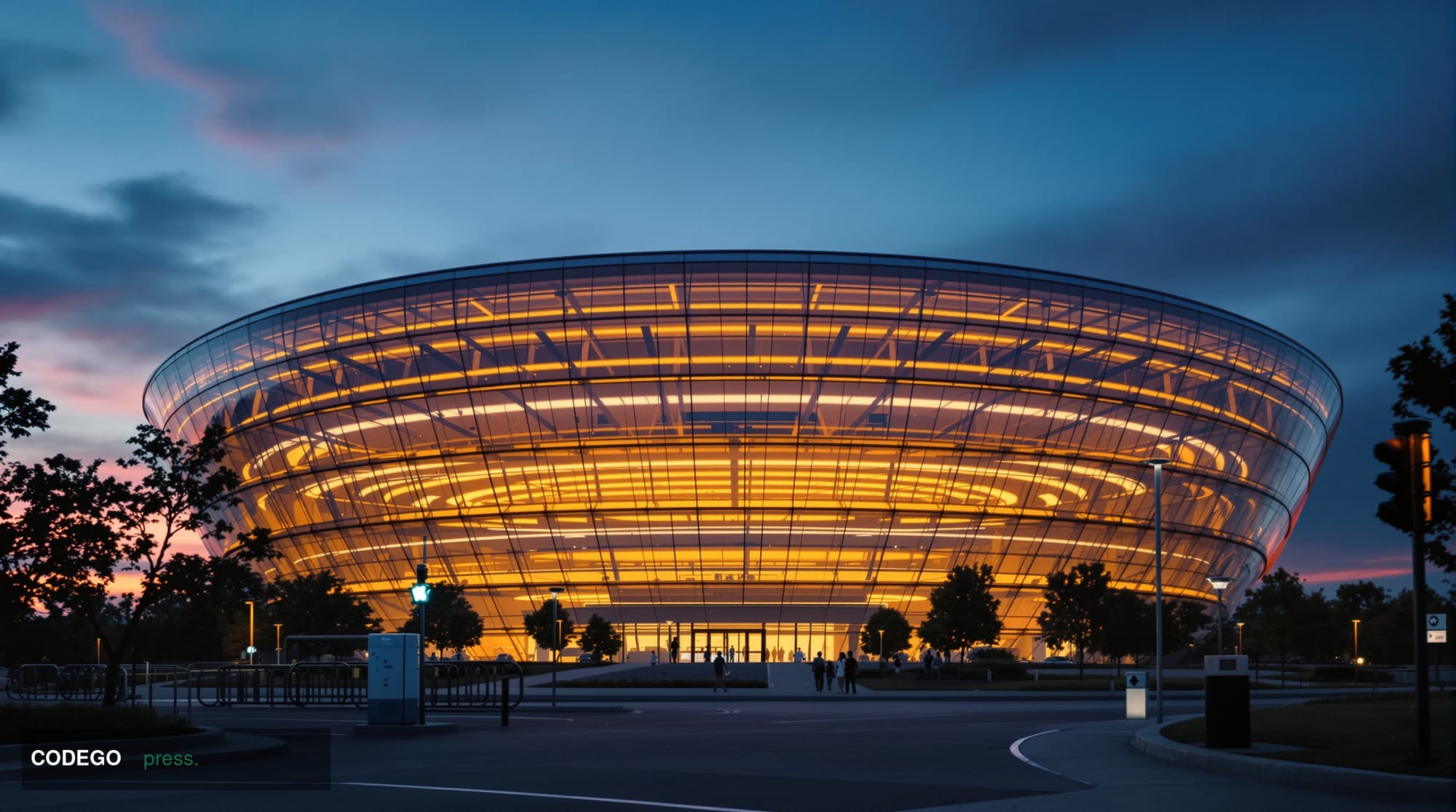 A dramatic cinematic photograph of Apple's Cupertino headquarters at dusk, shot from a low angle to emphasize the iconic spac
