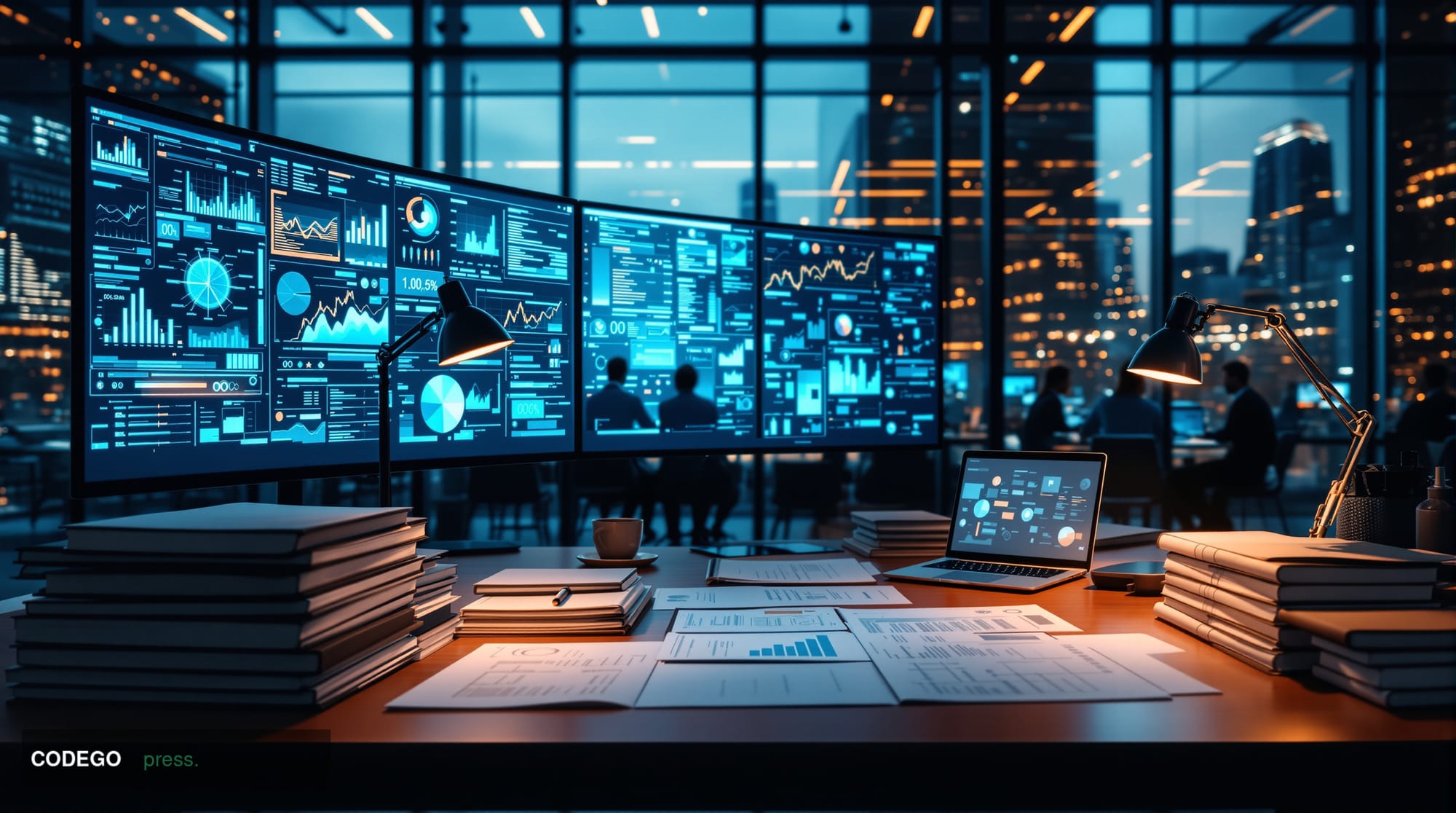A cinematic editorial photograph of a modern corporate finance office environment showcasing the intersection of traditional 