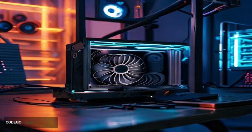 A photorealistic cinematic shot of a high-end gaming PC setup featuring an exposed RTX 3060 graphics card prominently display