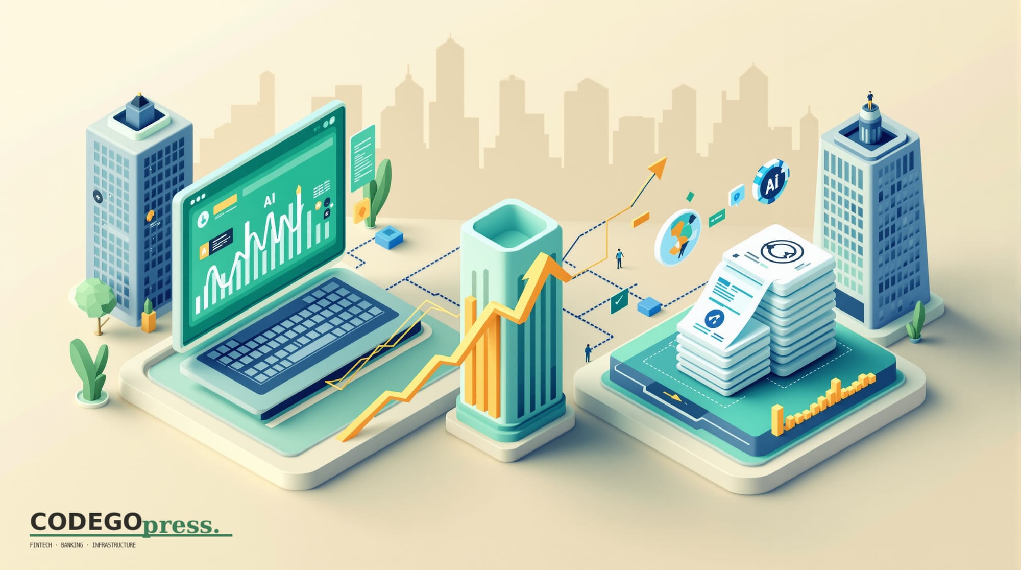 flat 3D isometric vector editorial illustration, banking-green primary (#1A6B43), cream background, gold and navy accents, so