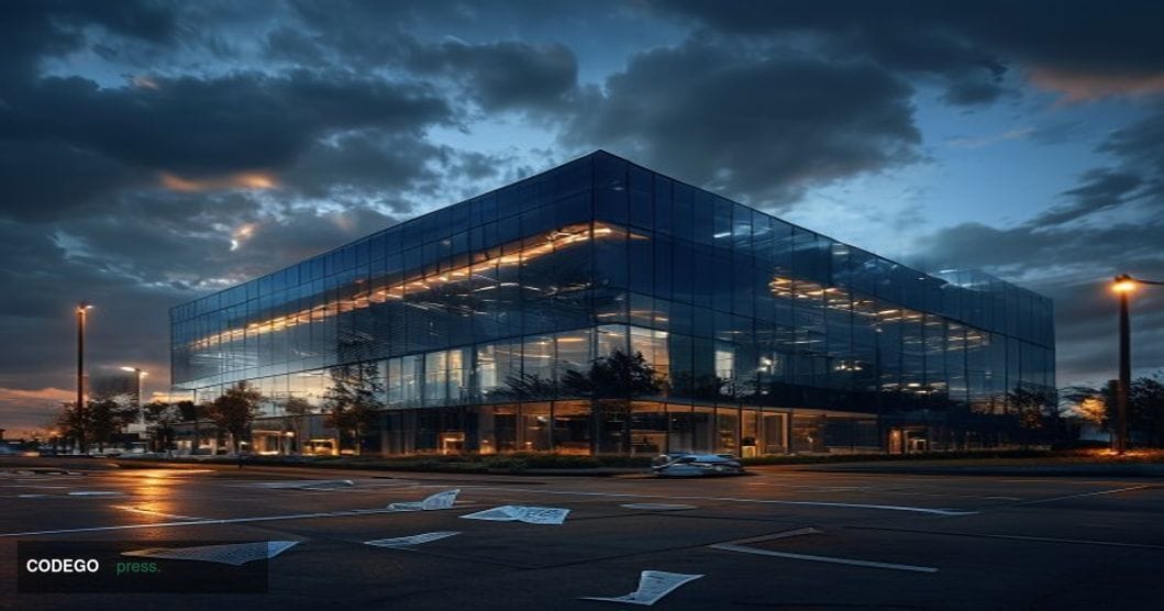 A dramatic photorealistic editorial photograph showing the exterior of a modern financial technology company building at dusk