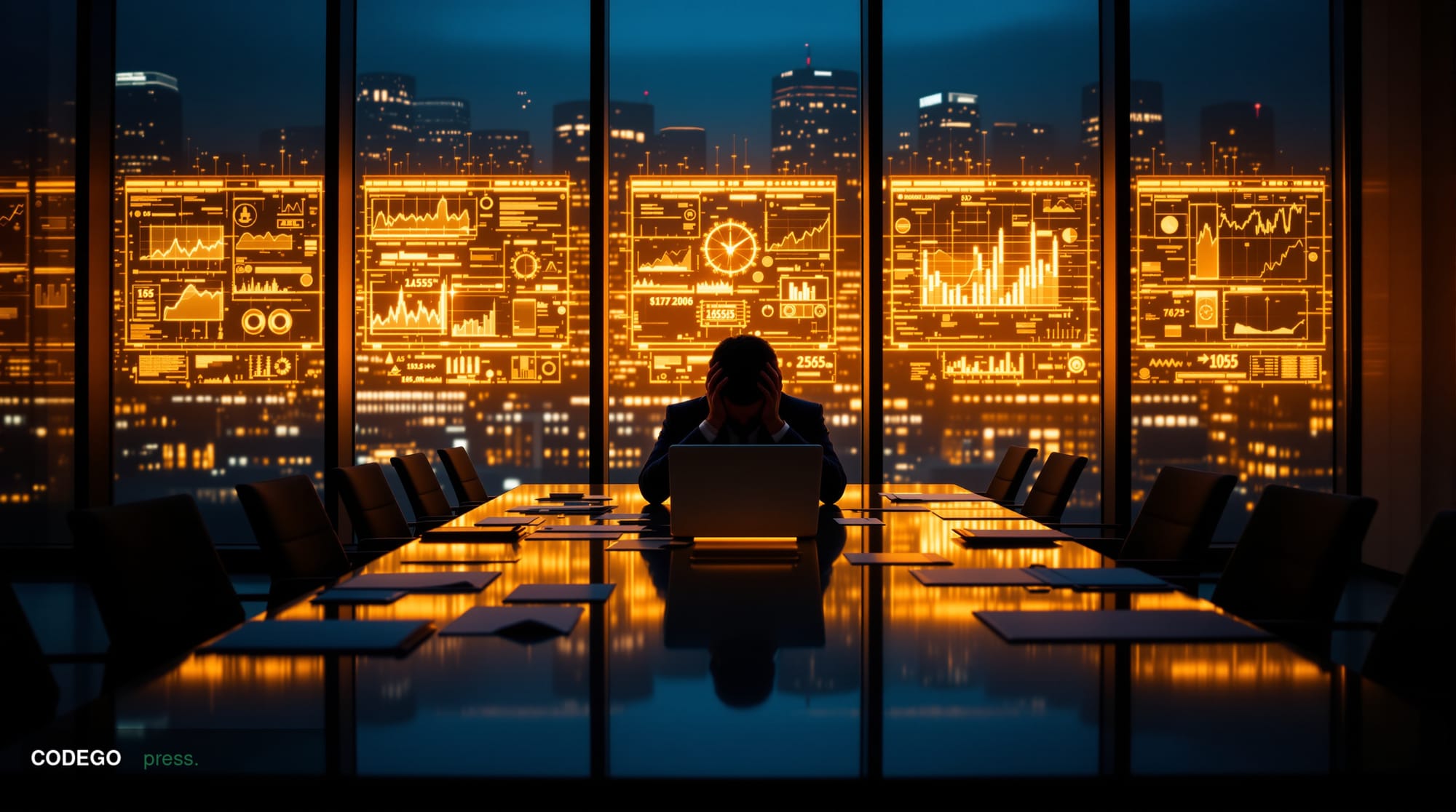 A cinematic editorial photograph capturing the tension of modern AI hiring failures. The scene shows a sleek corporate boardr