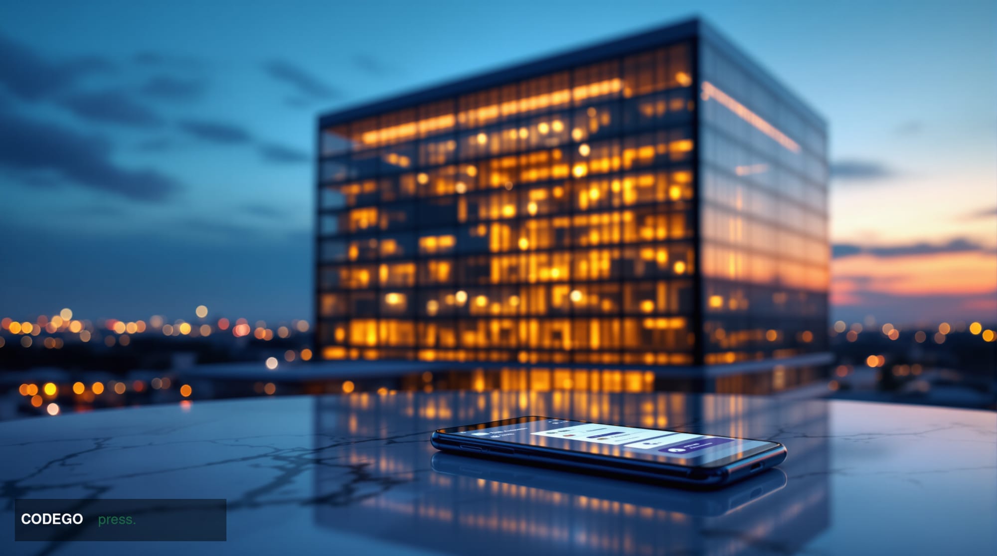 A photorealistic editorial photograph showing a modern banking headquarters at twilight with warm amber light emanating from 