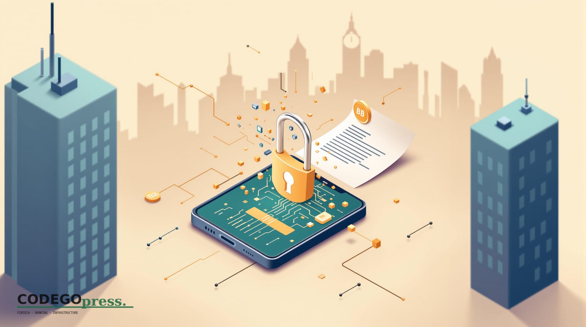 Flat 3D isometric vector editorial illustration in banking-green (#1A6B43) primary with cream background, gold and navy accen
