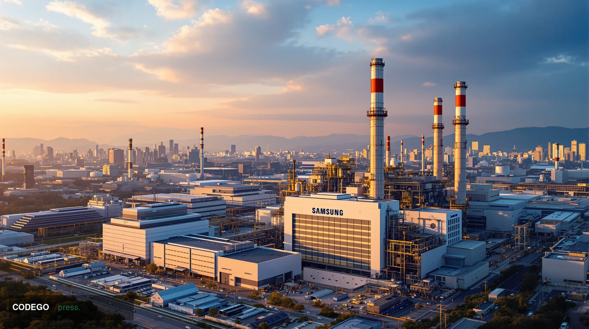 A dramatic aerial photograph of Samsung's sprawling semiconductor manufacturing complex in South Korea, shot during golden ho