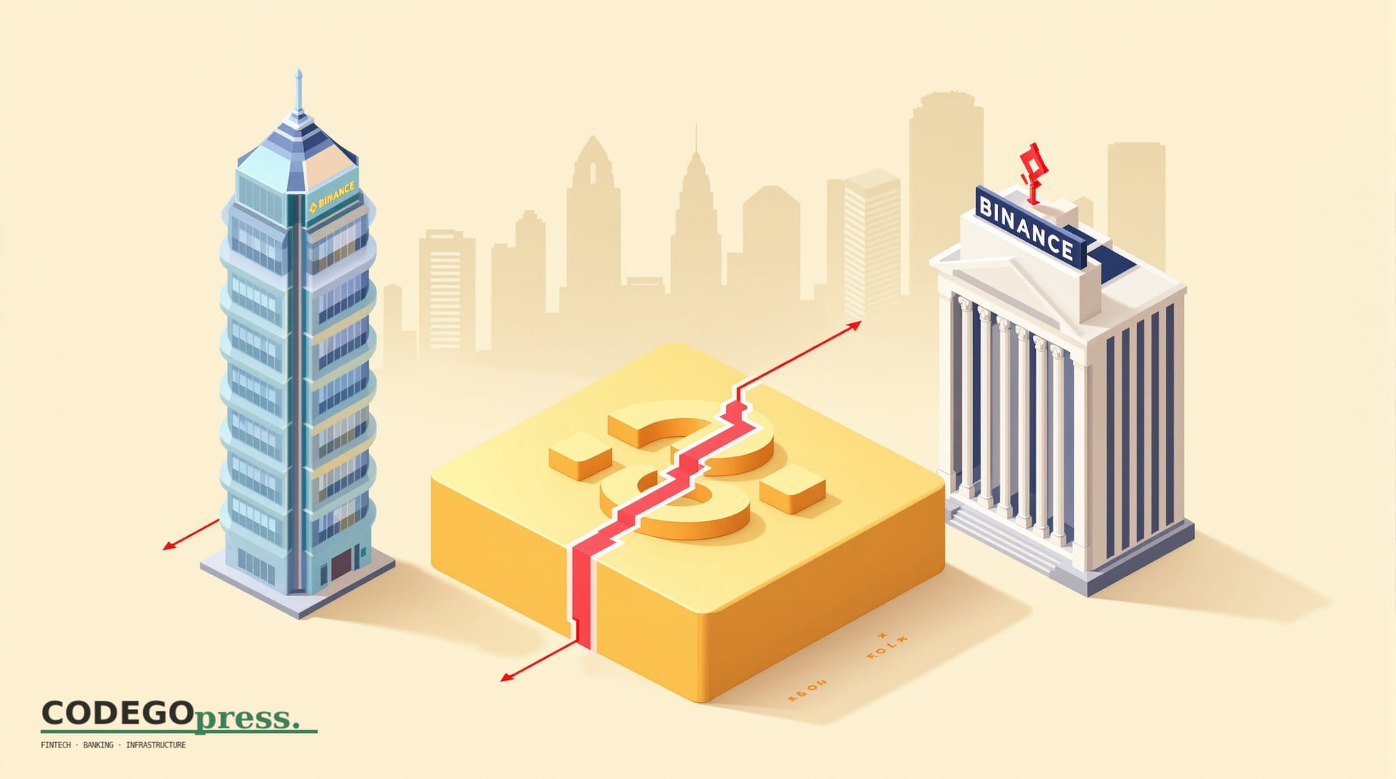 Large golden smart contract code block with red exploit vector through centre, Binance tower with stacked rings on the left, 