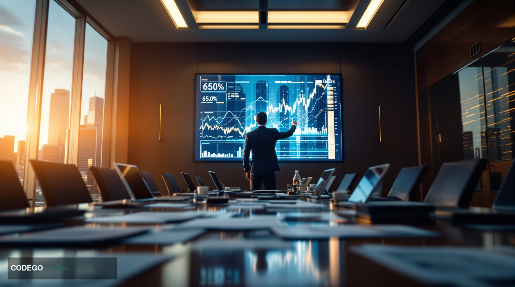 A dramatic corporate boardroom scene photographed from a low angle, showing a polished mahogany conference table with scatter
