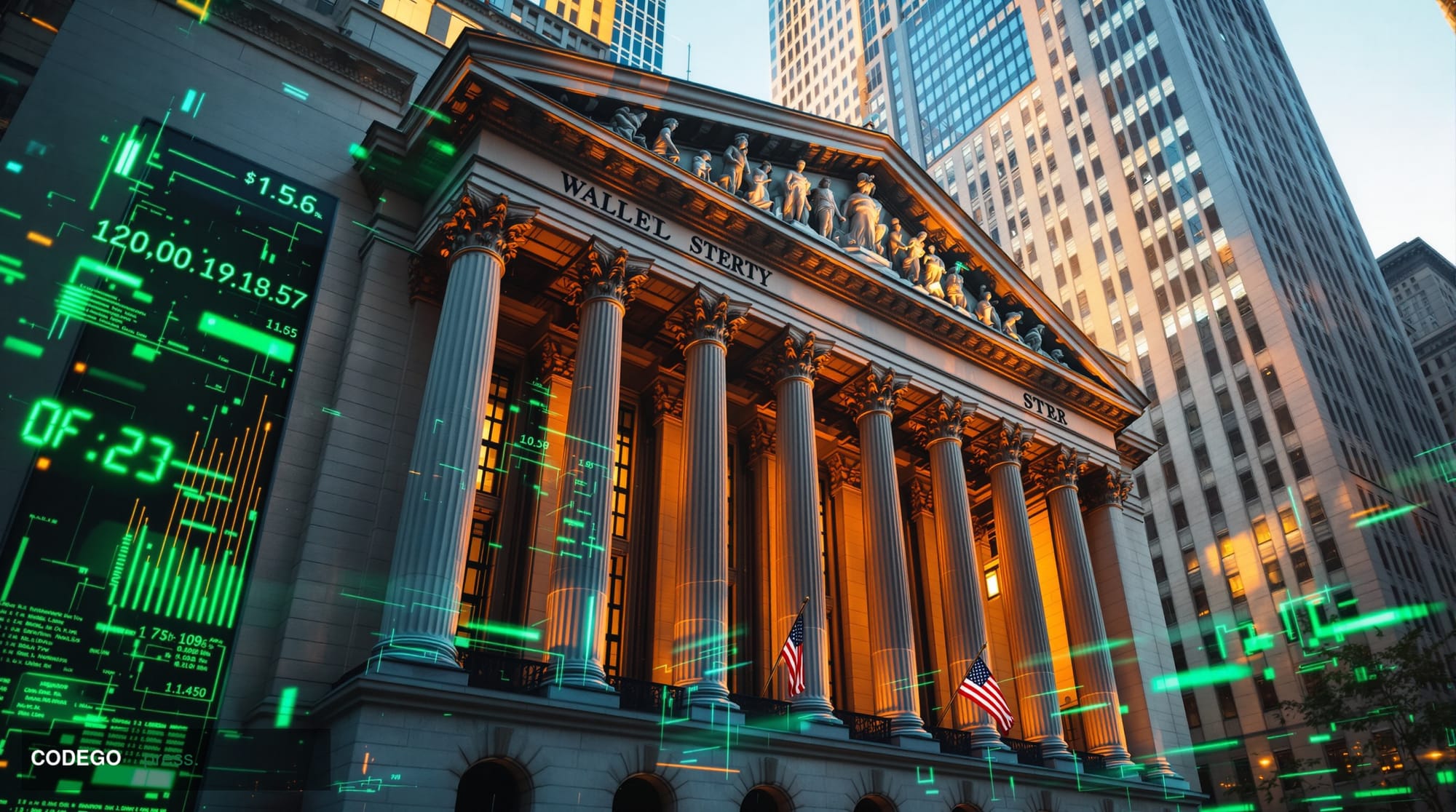 A photorealistic editorial photograph showing the iconic <a href="https://www.nyse.com" target="_blank" rel="noopener">New Yo