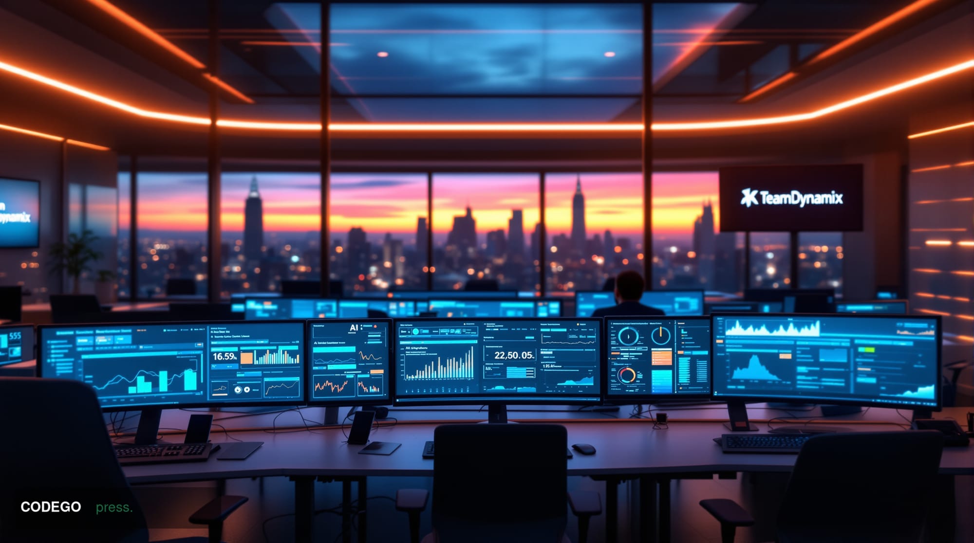 A photorealistic editorial photograph of a modern corporate IT operations center, featuring multiple curved monitors displayi